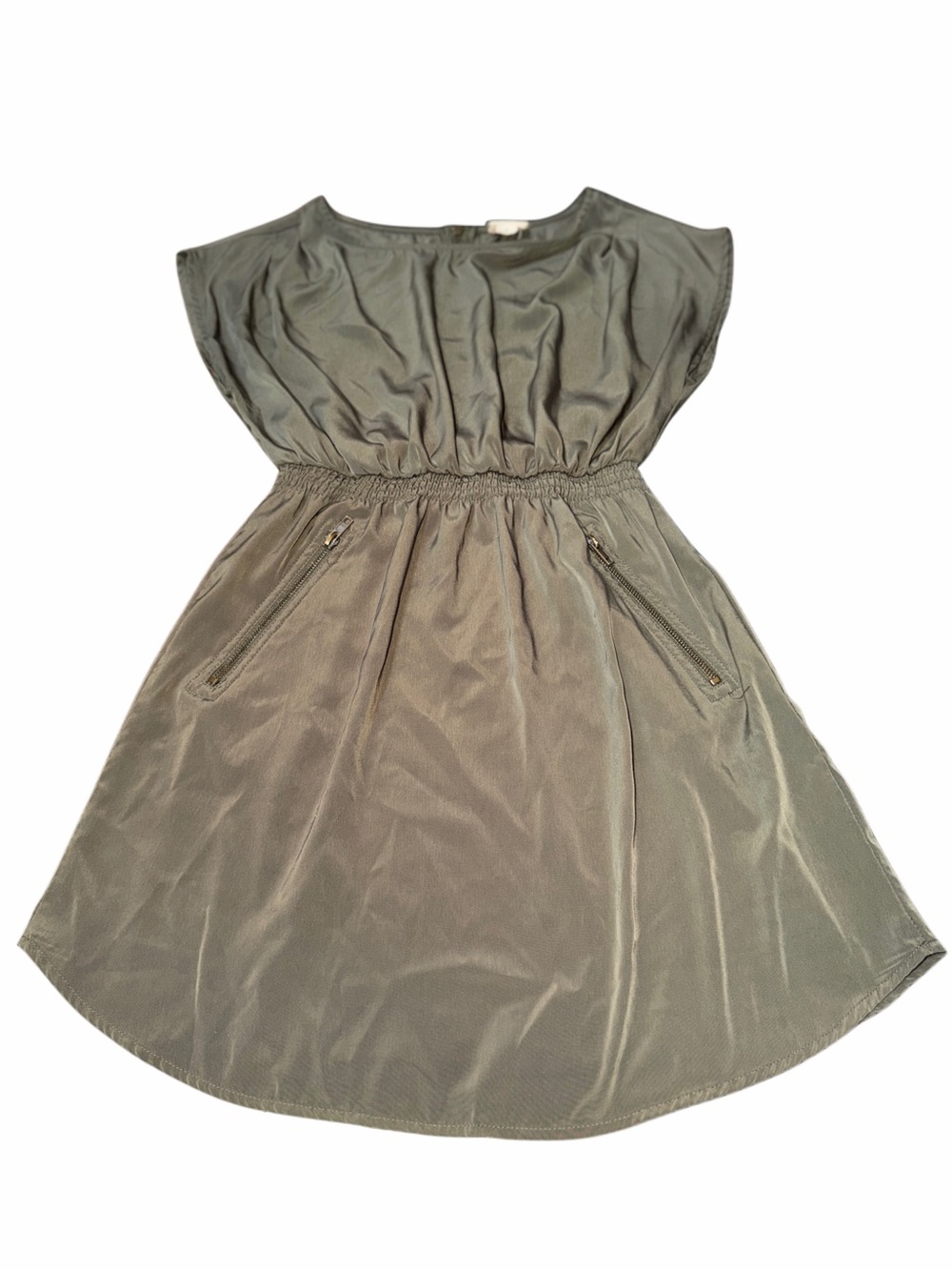 one clothing Olive Green Elastic-Waist Casual Dress with Zip Pockets
